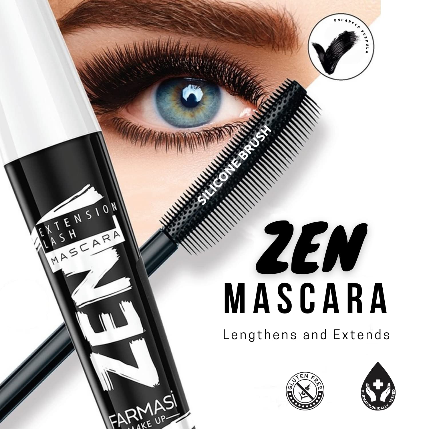 Farmasi Zen Extension Lash Mascara brush shot highlights the silicone applicator for controlled application