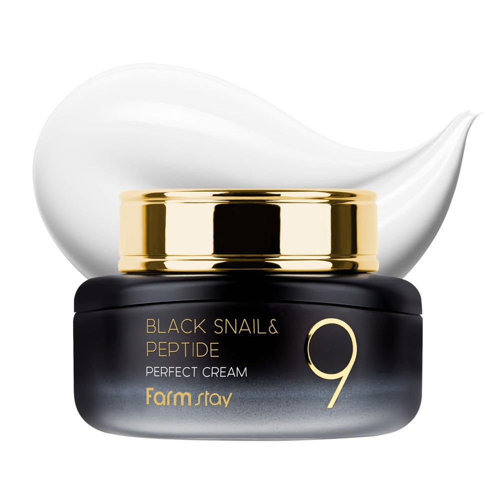 FARMSTAY Black Snail and Peptide 9 Perfect Cream jar close-up highlighting rich texture for hydration boost