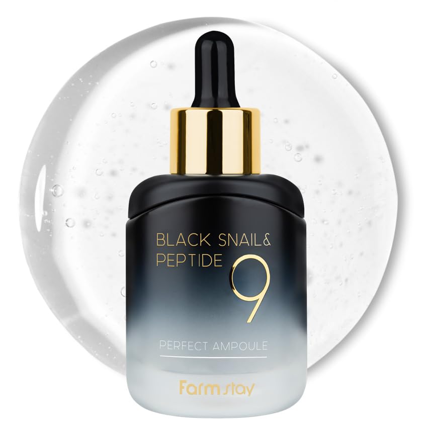 Farmstay Black Snail & Peptide9 Perfect Ampoule bottle close-up for deep hydration.
