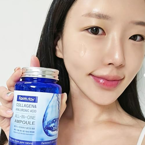 Farmstay Collagen Hyaluronic Ampoule application closeup demonstrates gentle rubbing into skin for moisture.