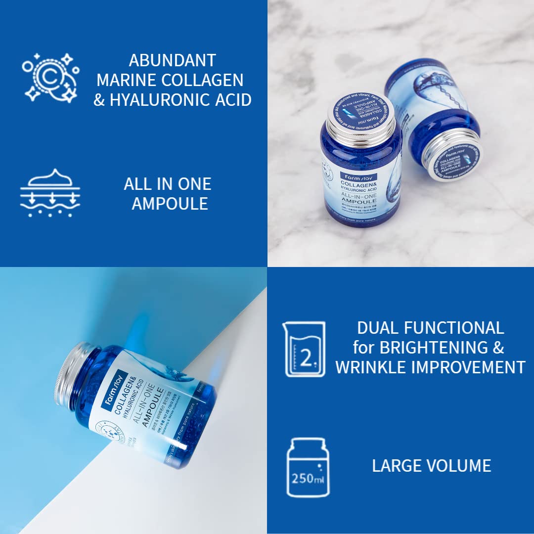 Farmstay Collagen Hyaluronic Ampoule texture closeup highlights silky, non-greasy finish for dry skin.