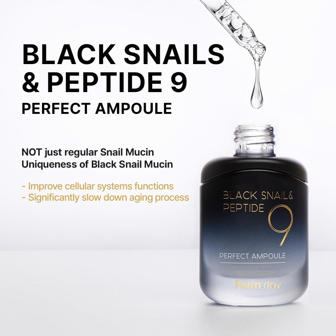 Farmstay ingredient panel snail mucin peptide9 highlighting nourishing benefits.