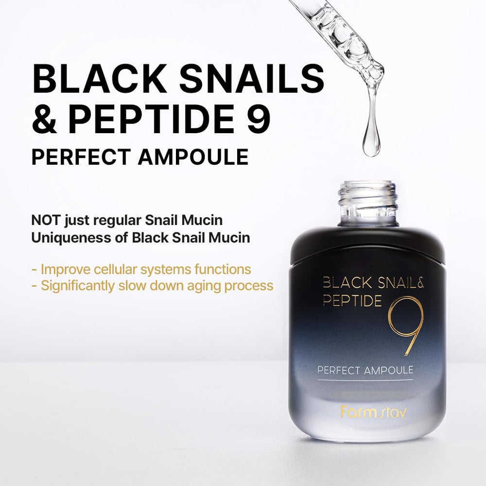 Farmstay ingredient panel snail mucin peptide9 highlighting nourishing benefits.