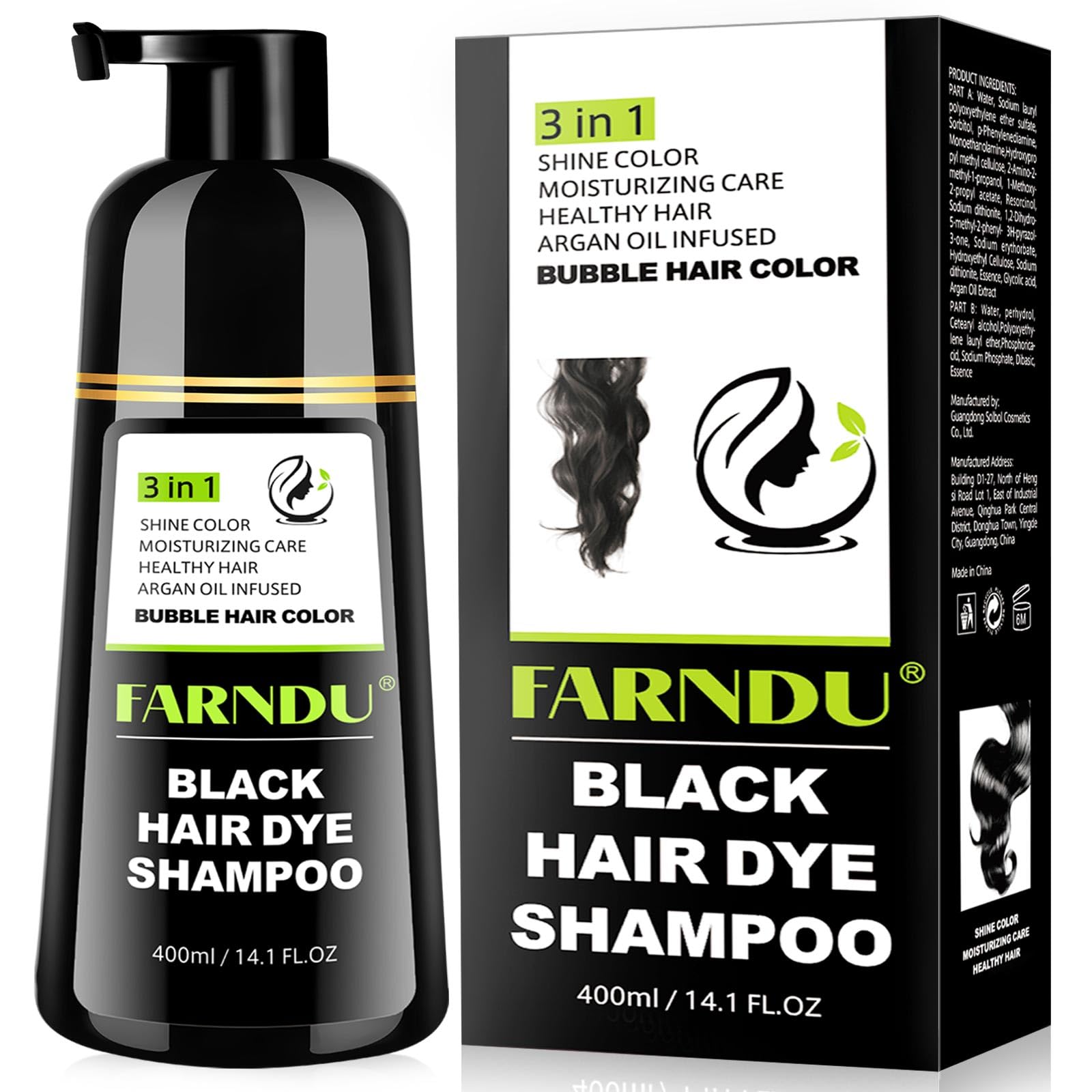 Farndu Black Hair Dye Shampoo bottle for easy at-home gray coverage.