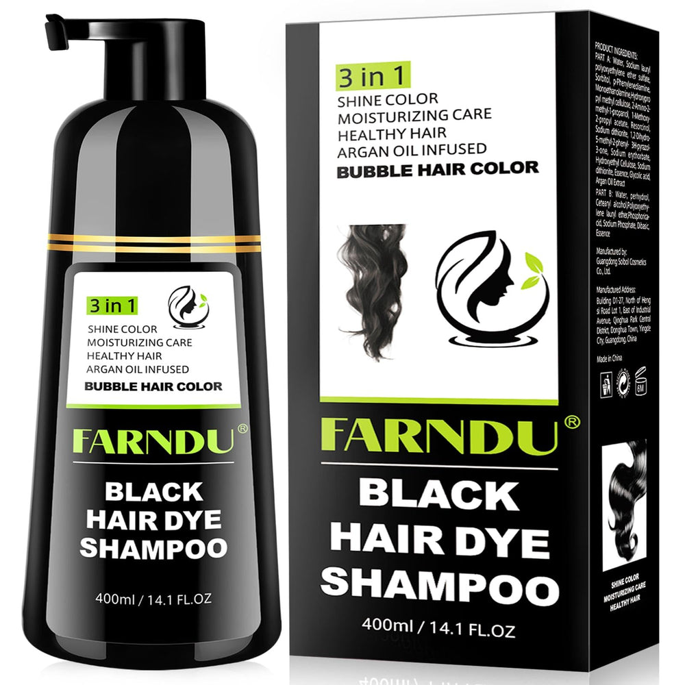 Farndu Black Hair Dye Shampoo bottle for easy at-home gray coverage.