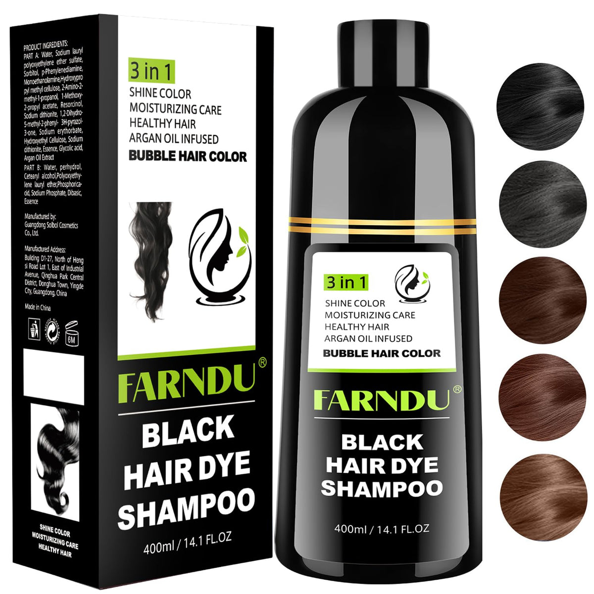 Farndu black hair dye shampoo provides rapid gray coverage during application.