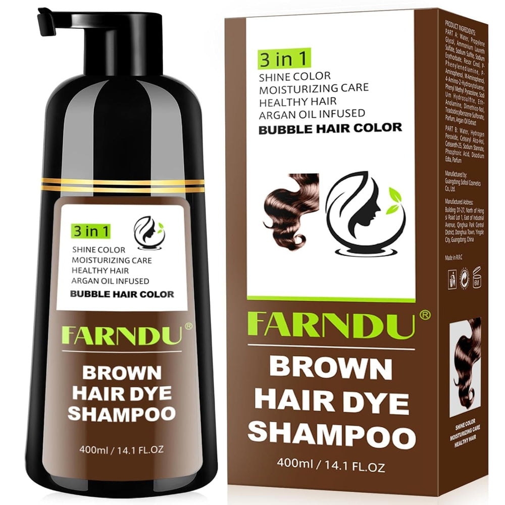 Farndu Brown Hair Dye Shampoo apply action demonstrates easy at-home color application.