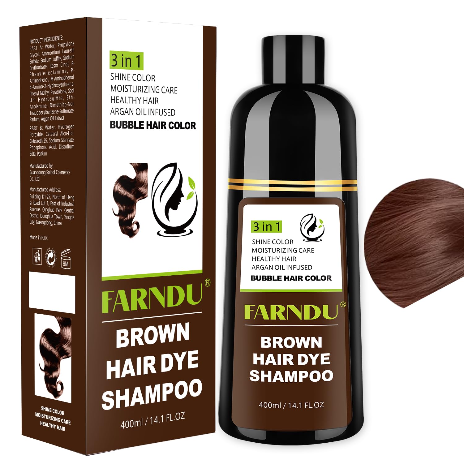 Farndu brown hair dye shampoo bottle highlighting herbal formula for gray coverage