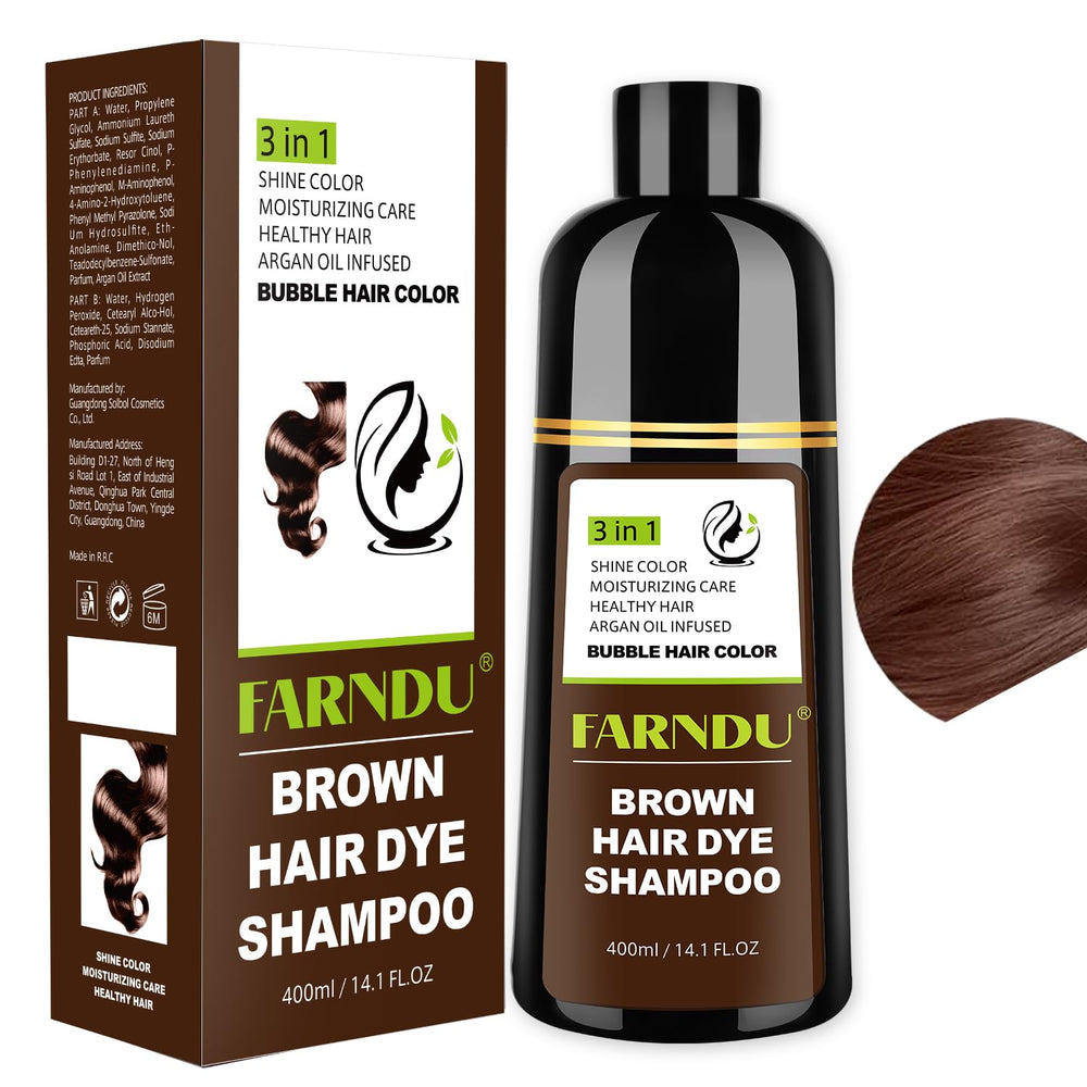 Farndu brown hair dye shampoo bottle highlighting herbal formula for gray coverage