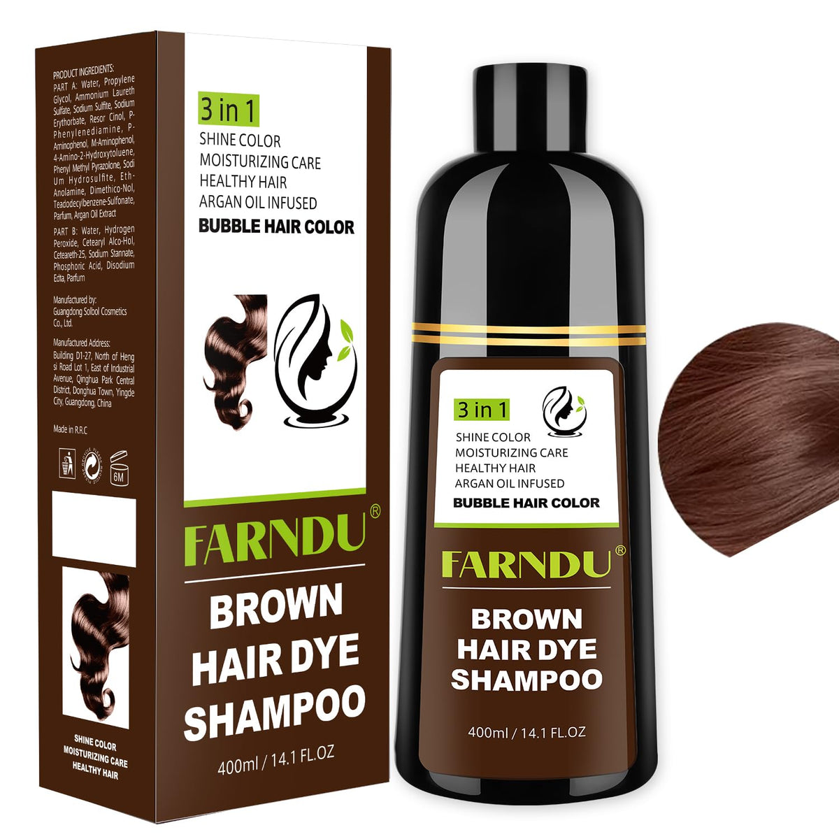 Farndu brown hair dye shampoo bottle highlighting herbal formula for gray coverage