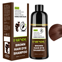 Farndu brown hair dye shampoo bottle highlighting herbal formula for gray coverage