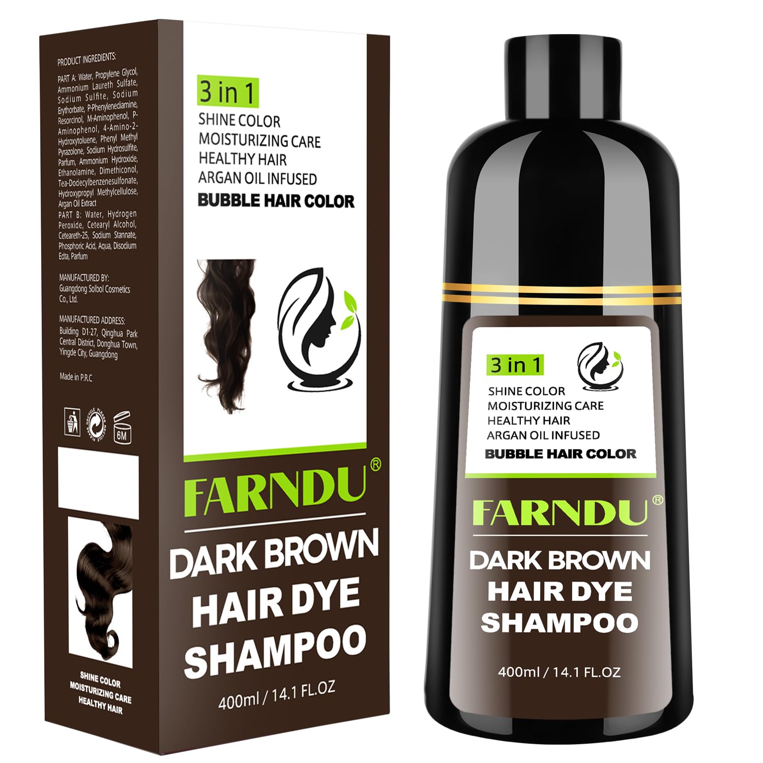 Farndu dark brown hair dye shampoo bottle highlights full gray coverage potential.