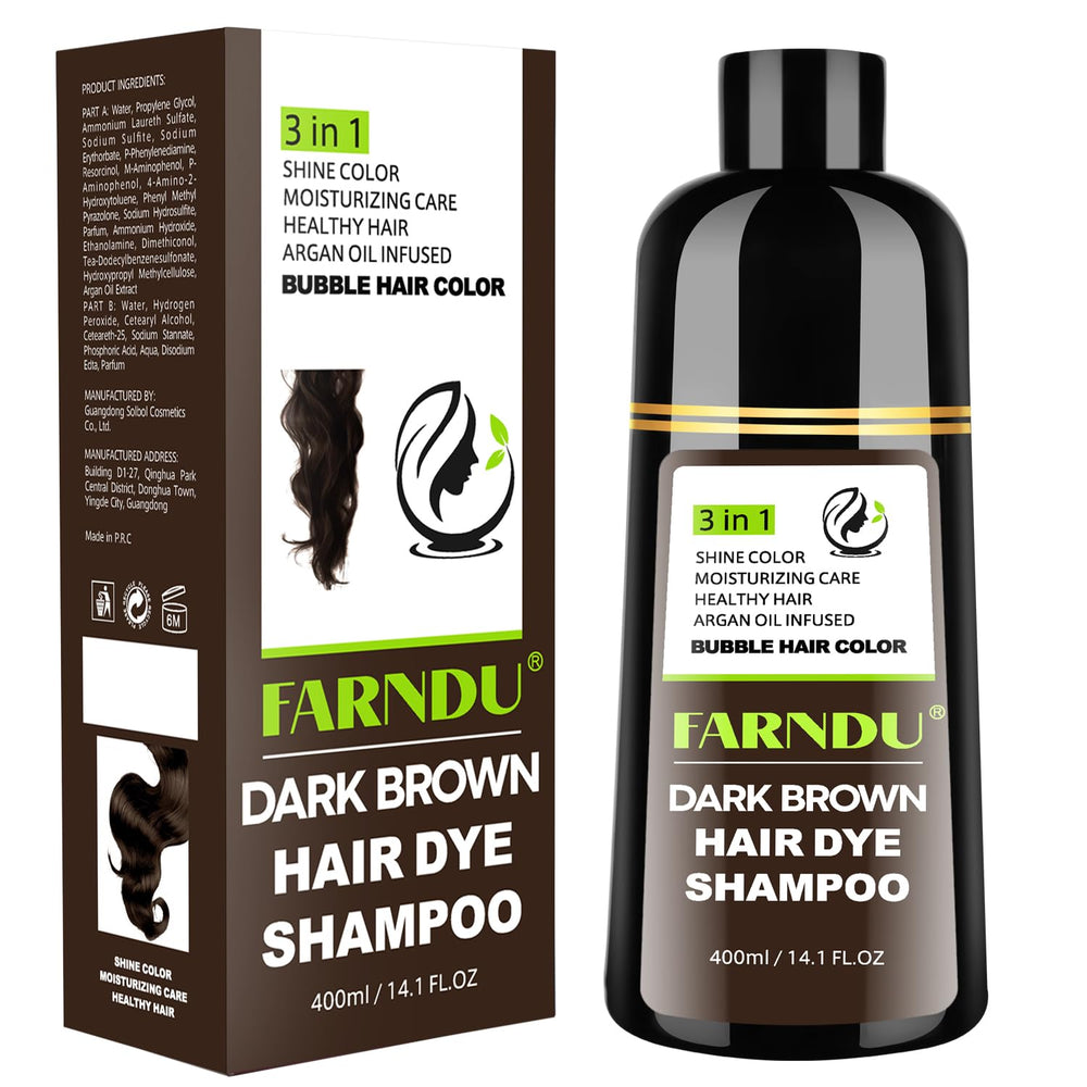 Farndu dark brown hair dye shampoo bottle highlights full gray coverage potential.