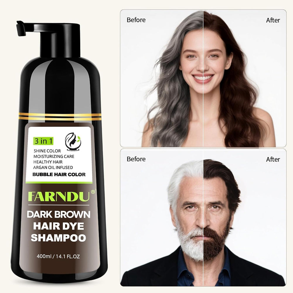 Farndu Dark Brown Hair Dye Shampoo bottle emphasizes 3-in-1 color, cleanse, and condition.
