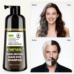 Farndu Dark Brown Hair Dye Shampoo bottle emphasizes 3-in-1 color, cleanse, and condition.