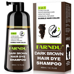 Farndu Dark Brown Hair Dye Shampoo cover shows full gray coverage with plant-based formula.