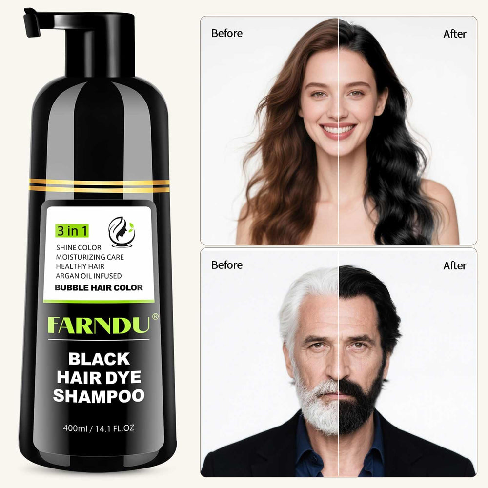 Farndu gray hair coverage results on a model demonstrate potential transformation.