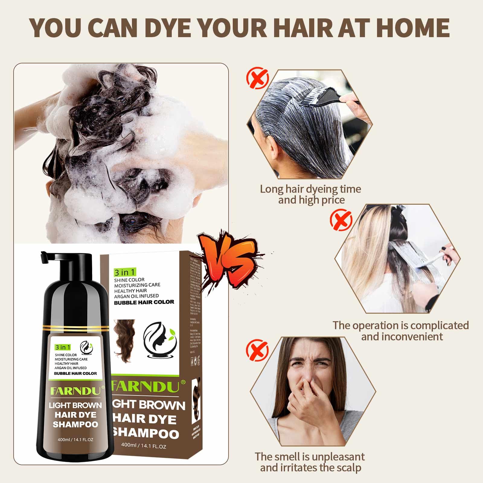 Farndu Light Brown Hair Dye Shampoo foam lather demonstrates gentle cleansing.