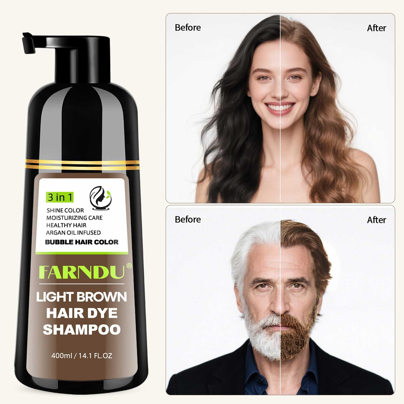 Farndu Light Brown Hair Dye Shampoo olive oil close-up highlights hydration.