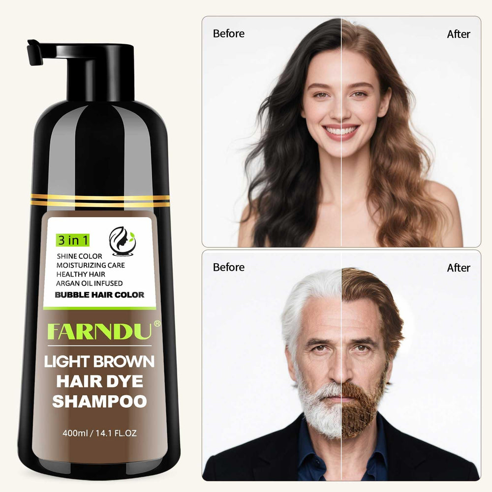 Farndu Light Brown Hair Dye Shampoo olive oil close-up highlights hydration.