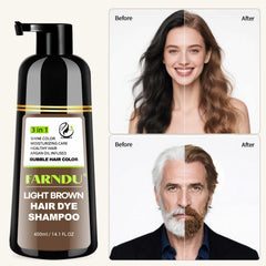Farndu Light Brown Hair Dye Shampoo olive oil close-up highlights hydration.