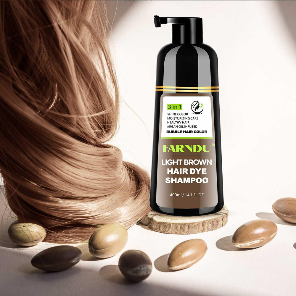 Farndu Light Brown Hair Dye Shampoo packaging front view emphasizes brand.