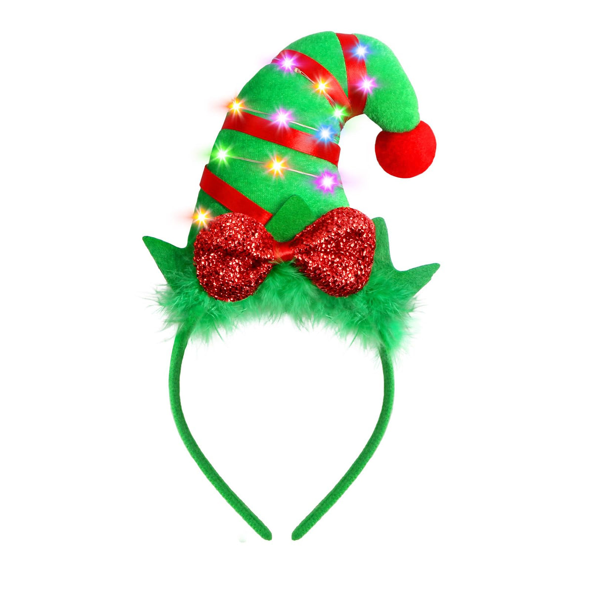 Farochy Christmas Elf Headband with LED lights for festive party glow