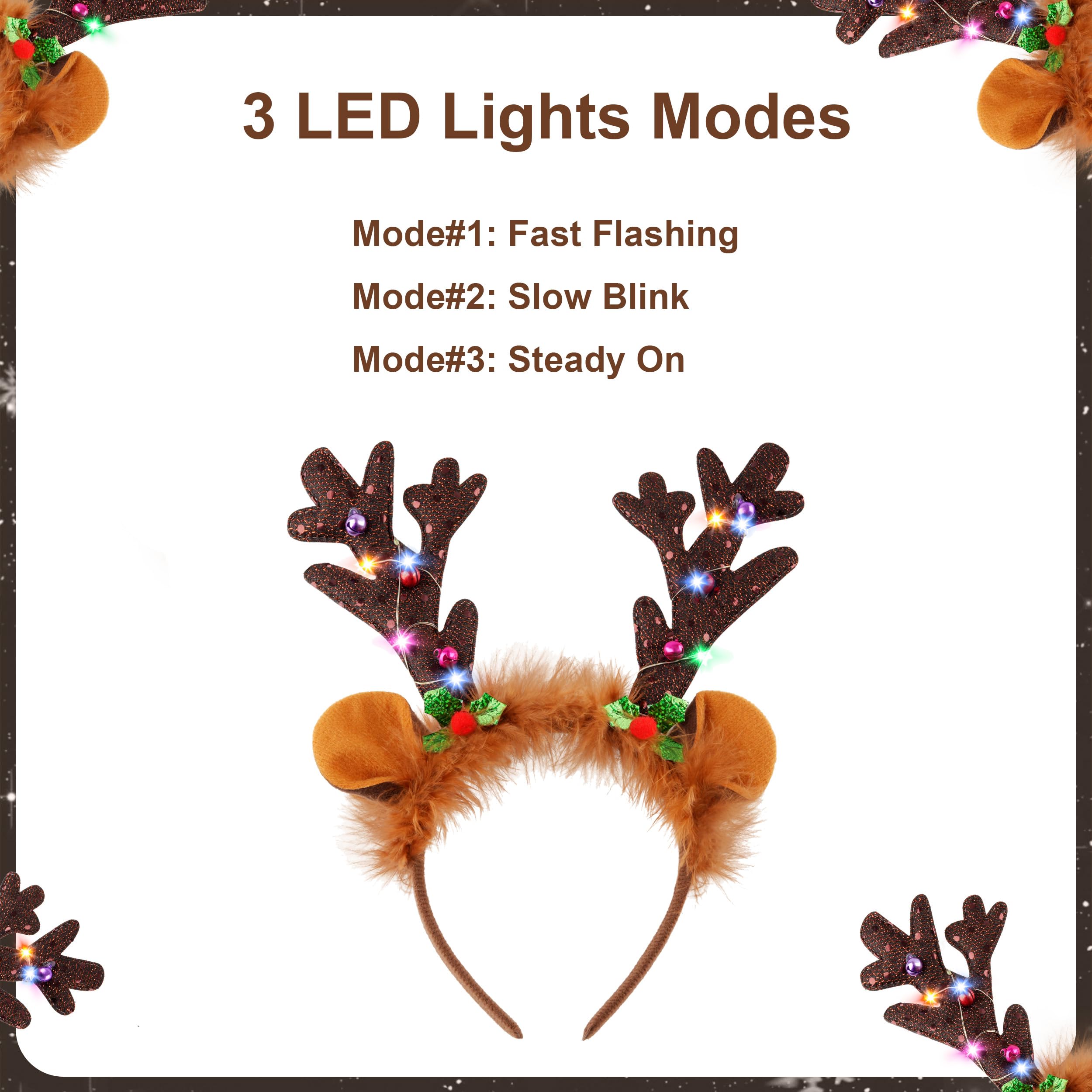 Farochy LED Reindeer Headband closeup with bells and berries for festive detail.