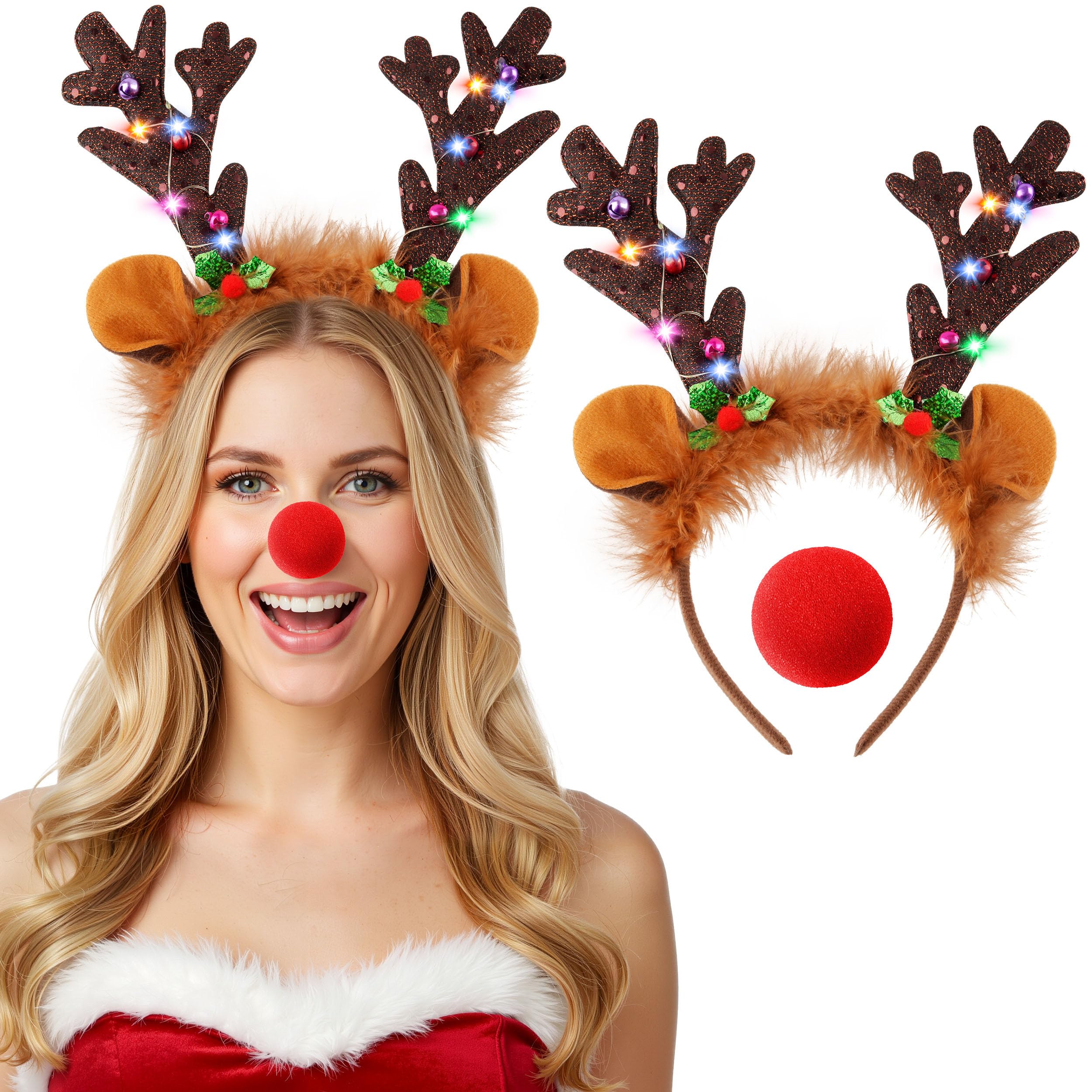Farochy LED Reindeer Headband worn by a model at a holiday party for standout style.