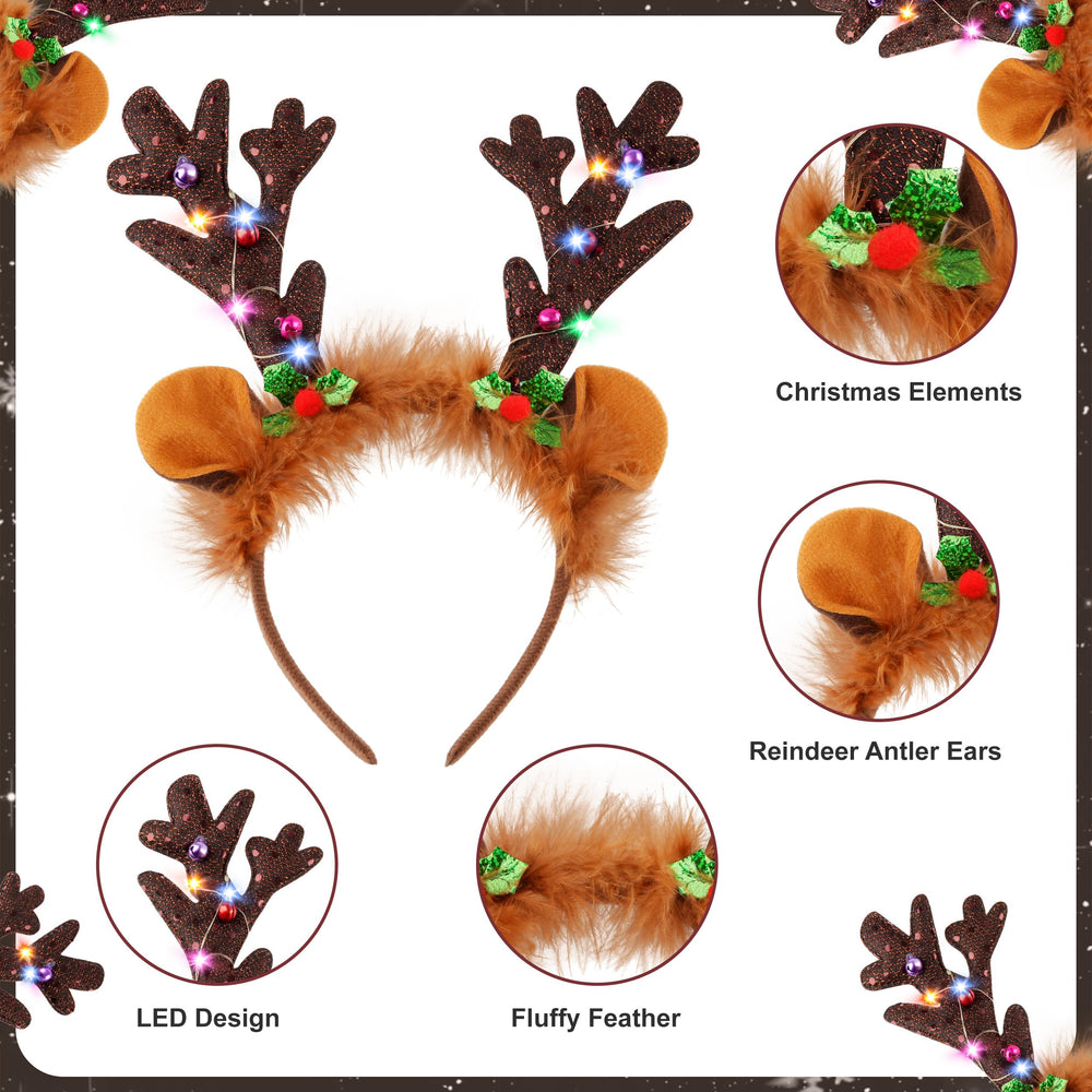 Farochy LED Reindeer Headband glowing at night for easy visibility in dim settings.