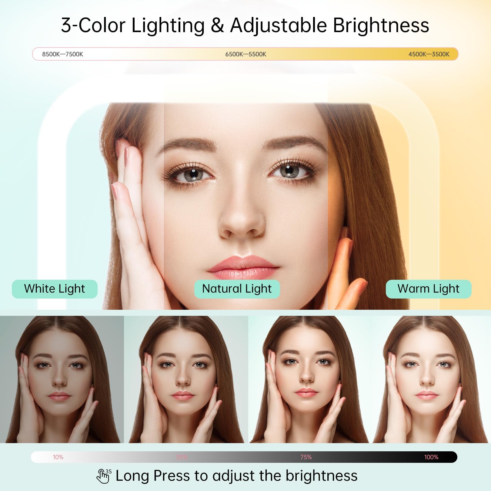 FASCINATE travel mirror shows three color light modes for versatile makeup