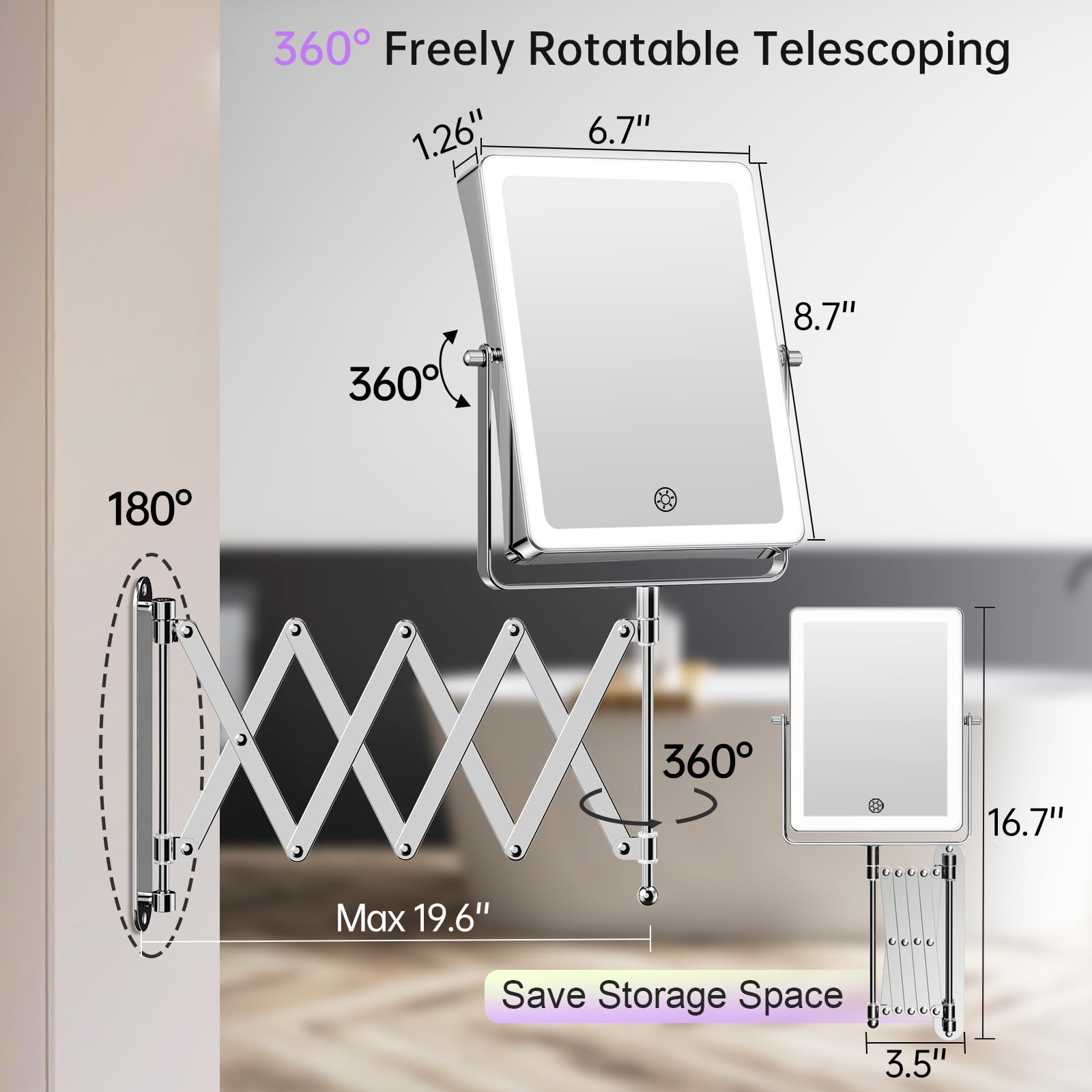 FASCINATE 360-degree rotation with extended arm offers flexible viewing angles.