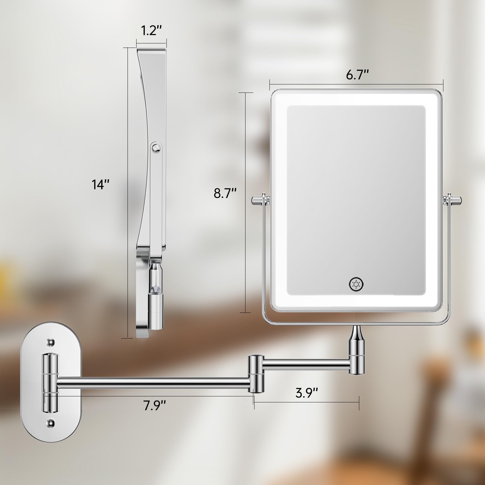 FASCINATE 5000mAh mirror with 360-degree swivel for viewing from any angle.