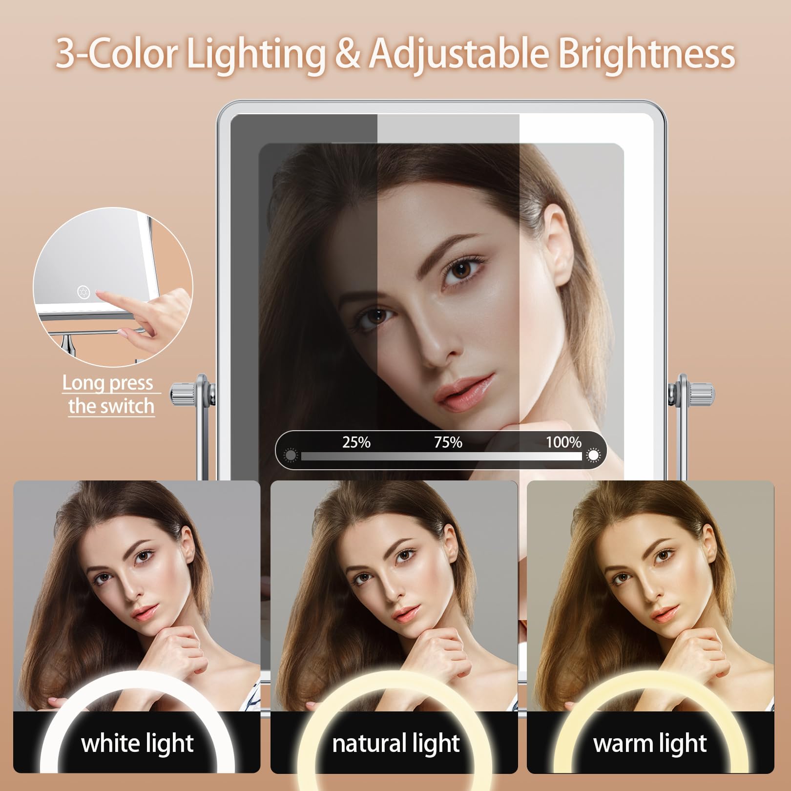 FASCINATE 5000mAh mirror battery section highlighting rechargeable power and long life.
