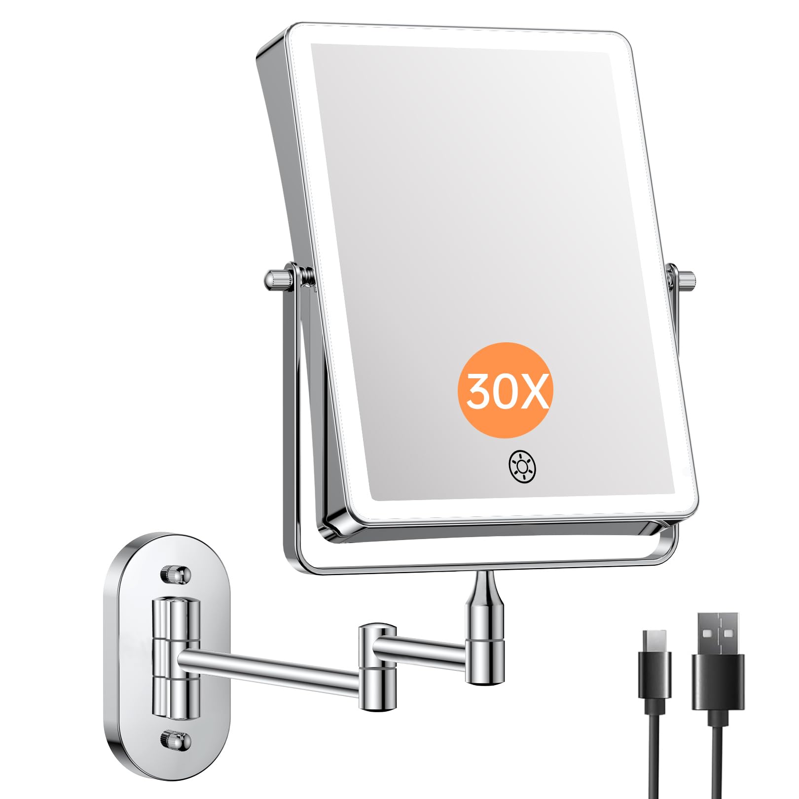 FASCINATE 5000mAh wall-mounted makeup mirror, rectangular viewing area for full-face makeup.