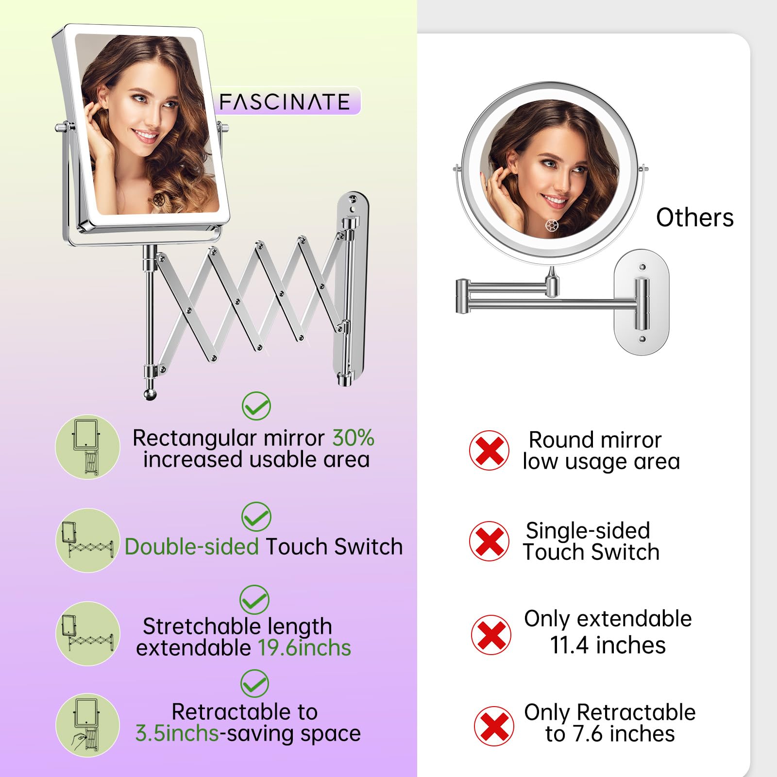 FASCINATE 8.7-inch double-sided makeup mirror shows entire face and close-up details.