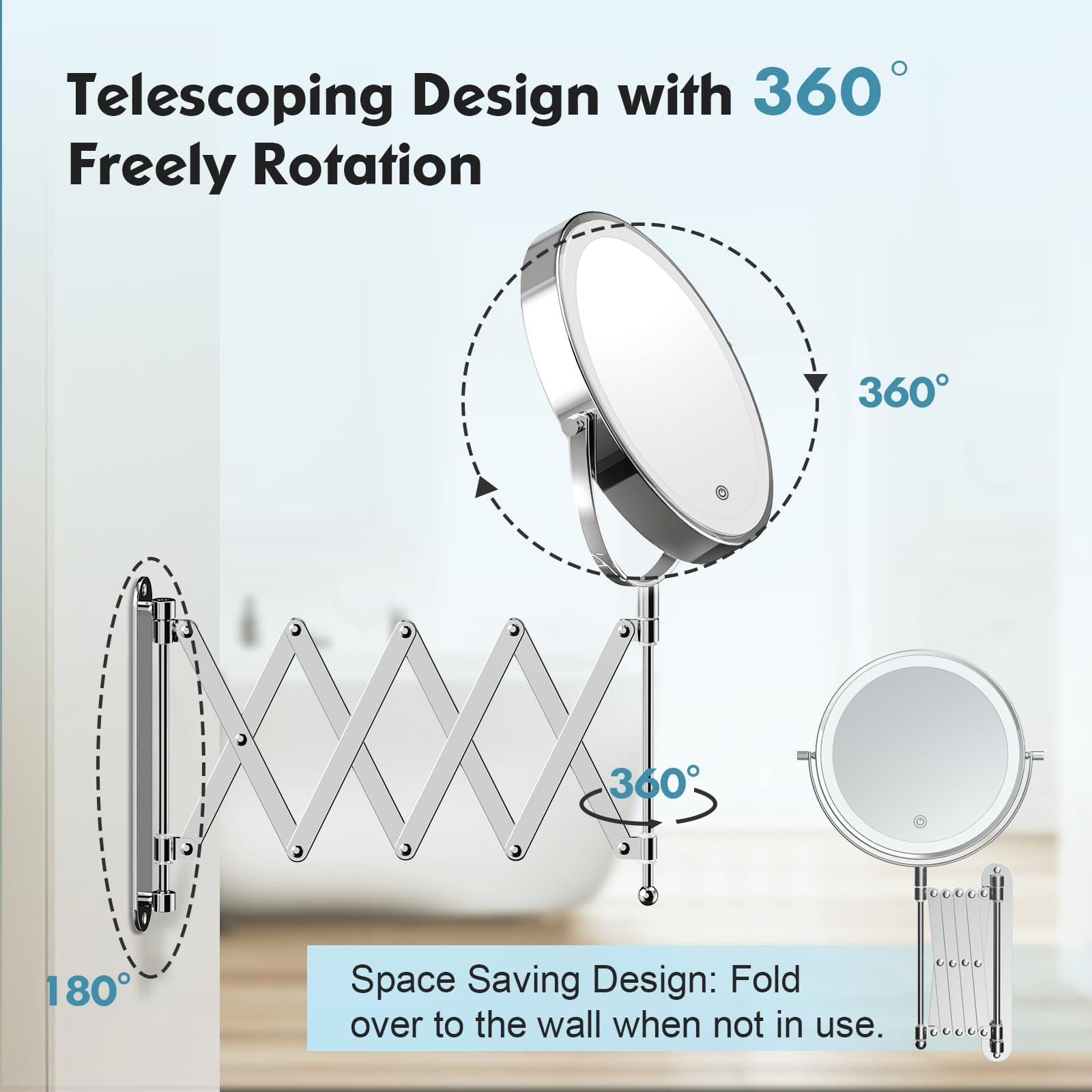 FASCINATE chrome wall-mount base secures stable, space-saving placement.