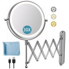 FASCINATE rechargeable wall-mounted makeup mirror shows cordless placement for flexible bathroom setup.