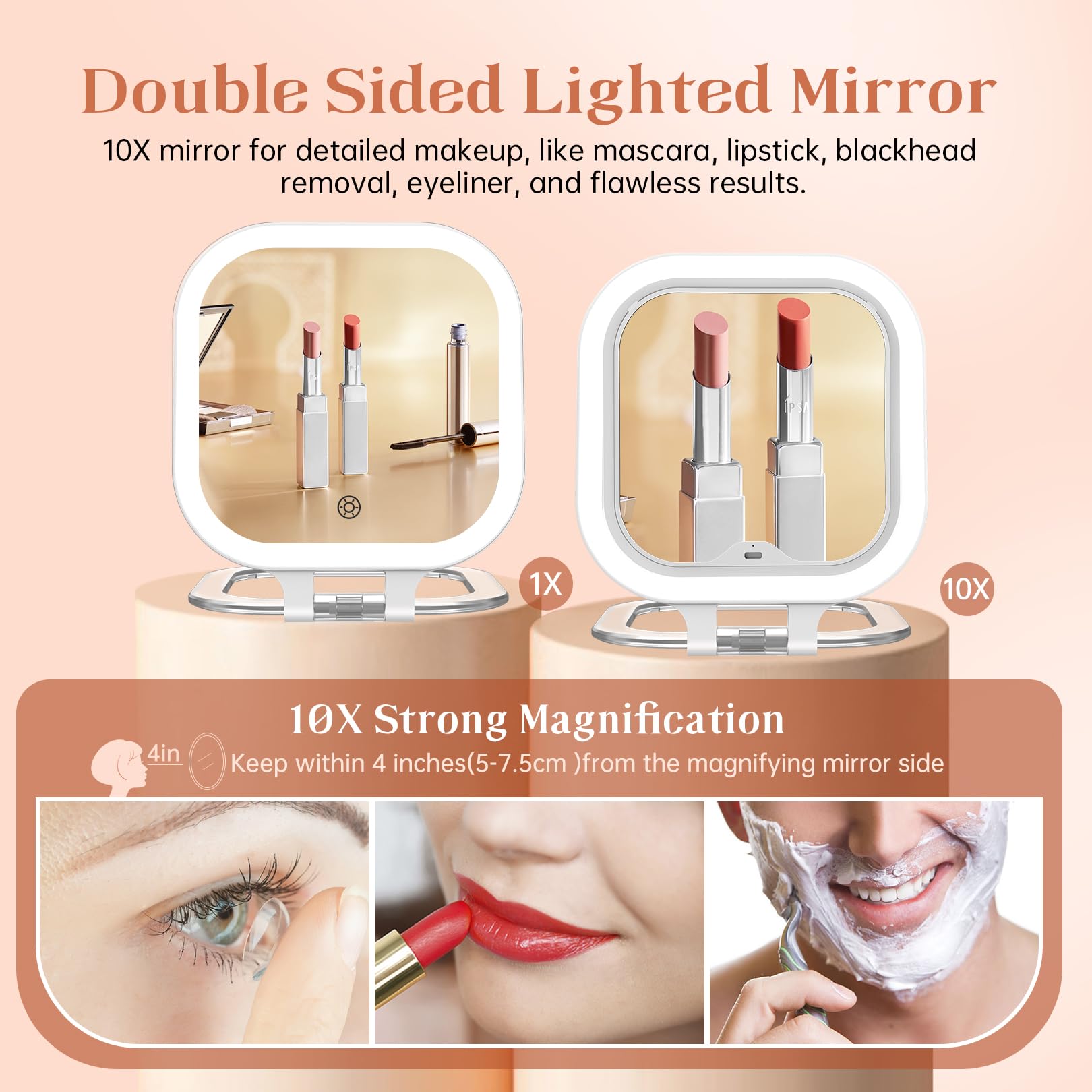 FASCINATE 1X-10X magnification supports full-face makeup and precise liner checks