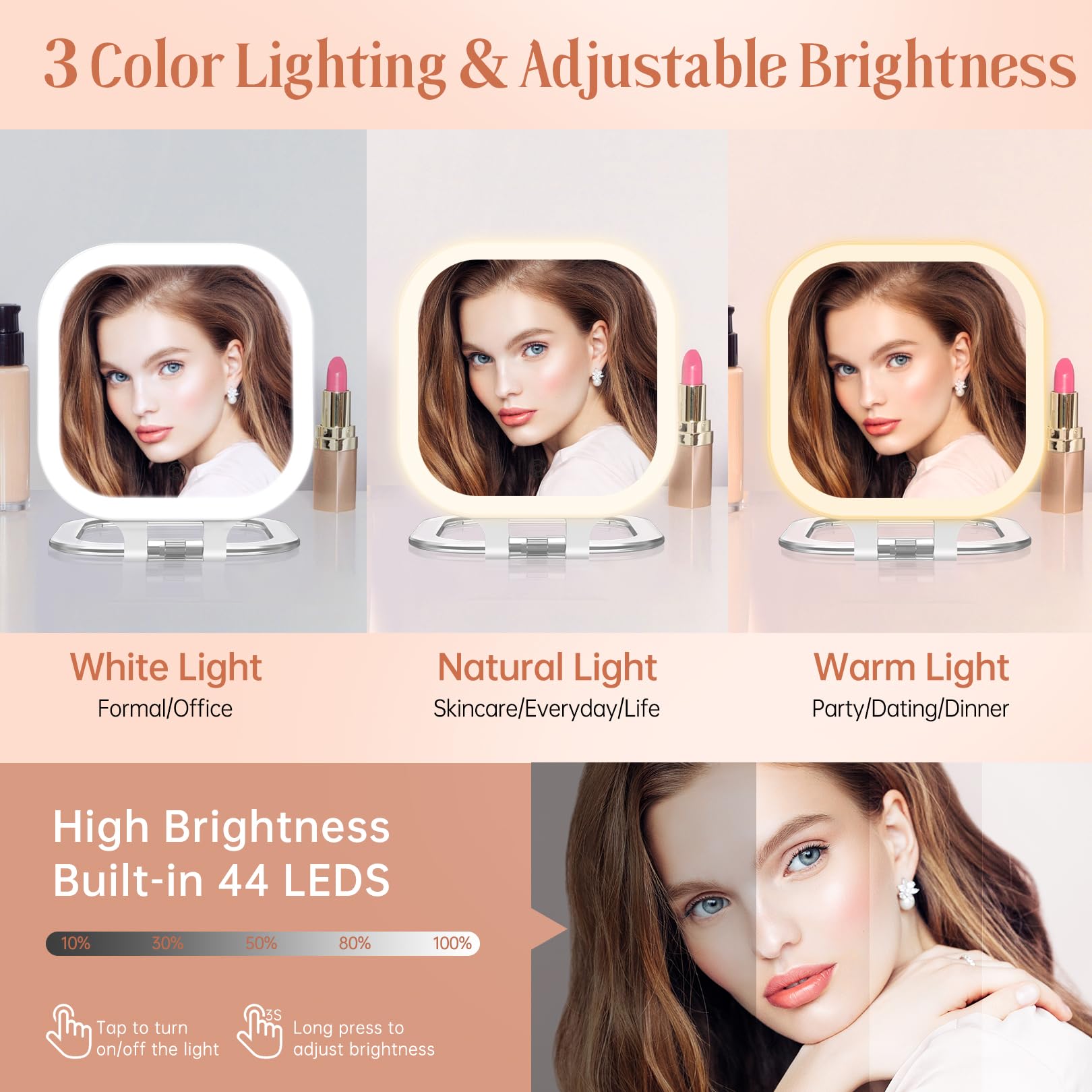 FASCINATE mirror with LED pearls provides bright, even lighting for precise application