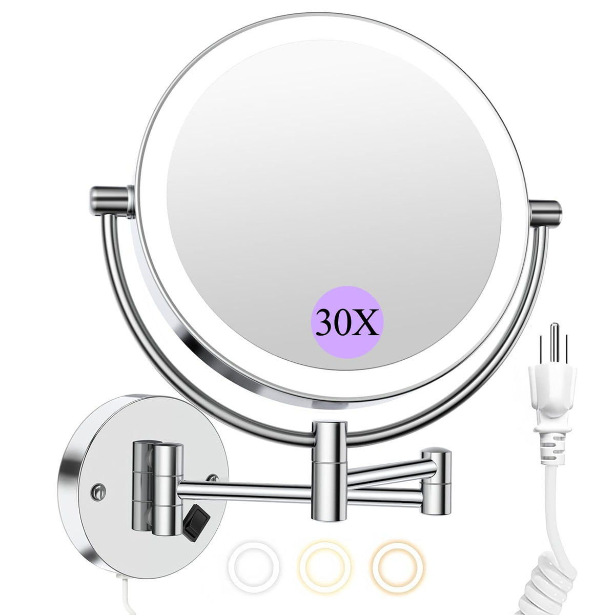 FASCINATE wall-mount makeup mirror front view showing dual sides for precise grooming