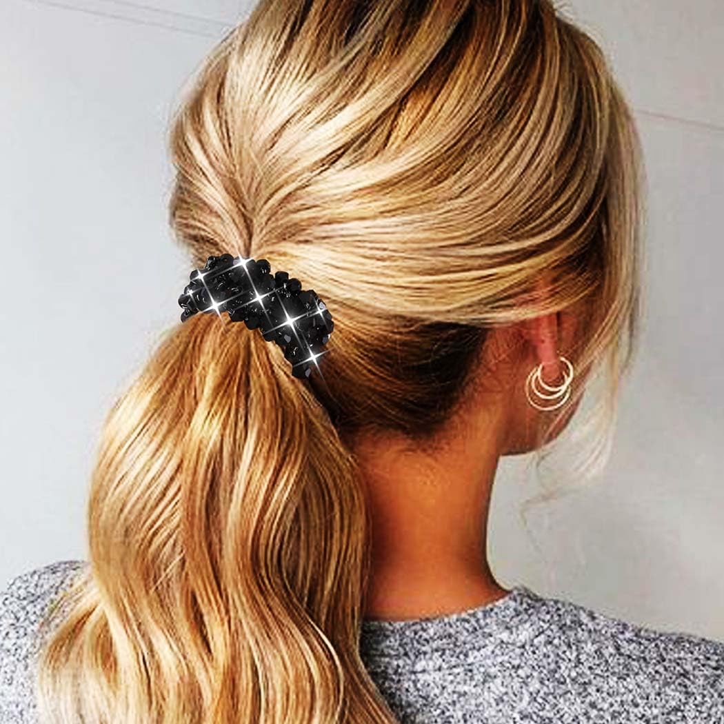Fashey rhinestone hair ties styled around a bun or ponytail for polished looks