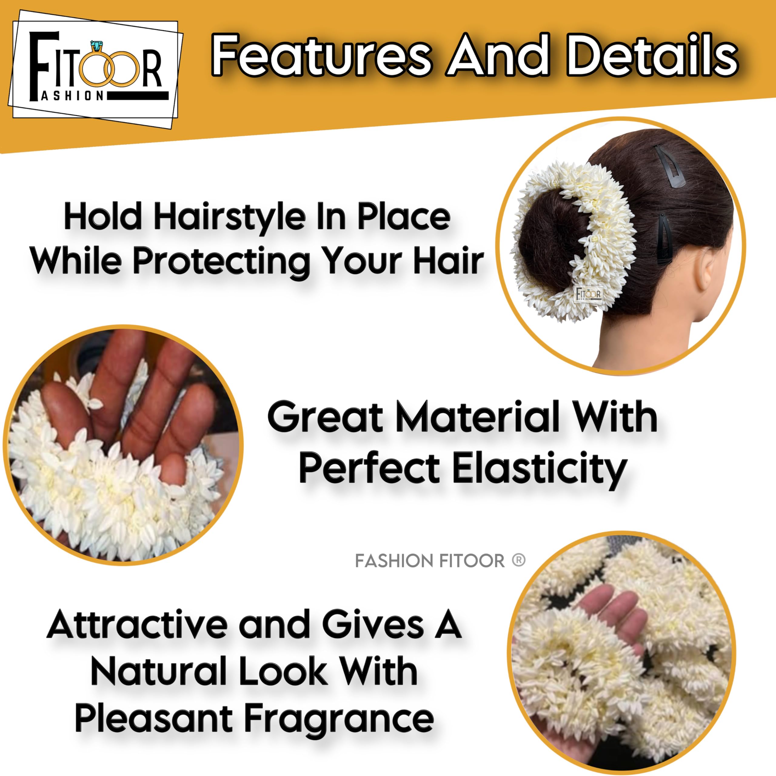 Fashion Fitoor artificial jasmine flowers highlight delicate scent for bridal hair styling.