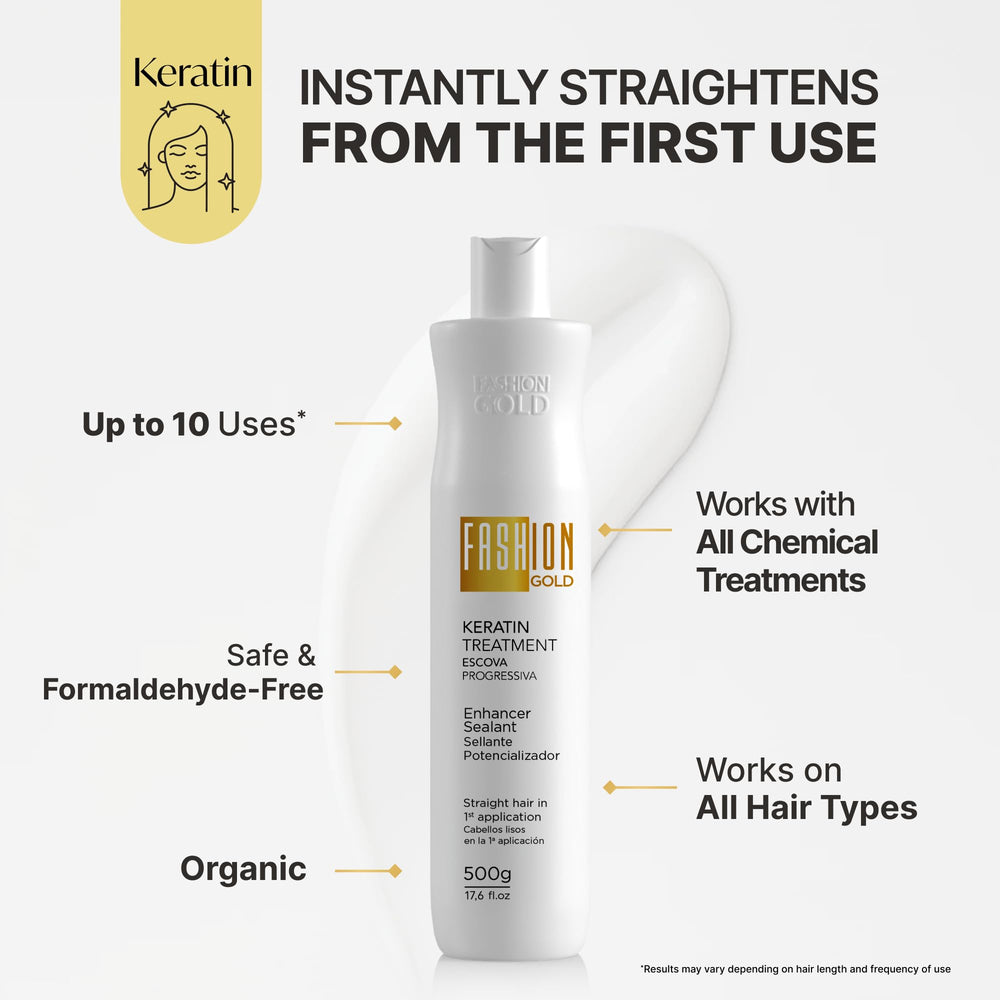 Fashion Gold Brazilian blowout packaging highlights formaldehyde-free formula