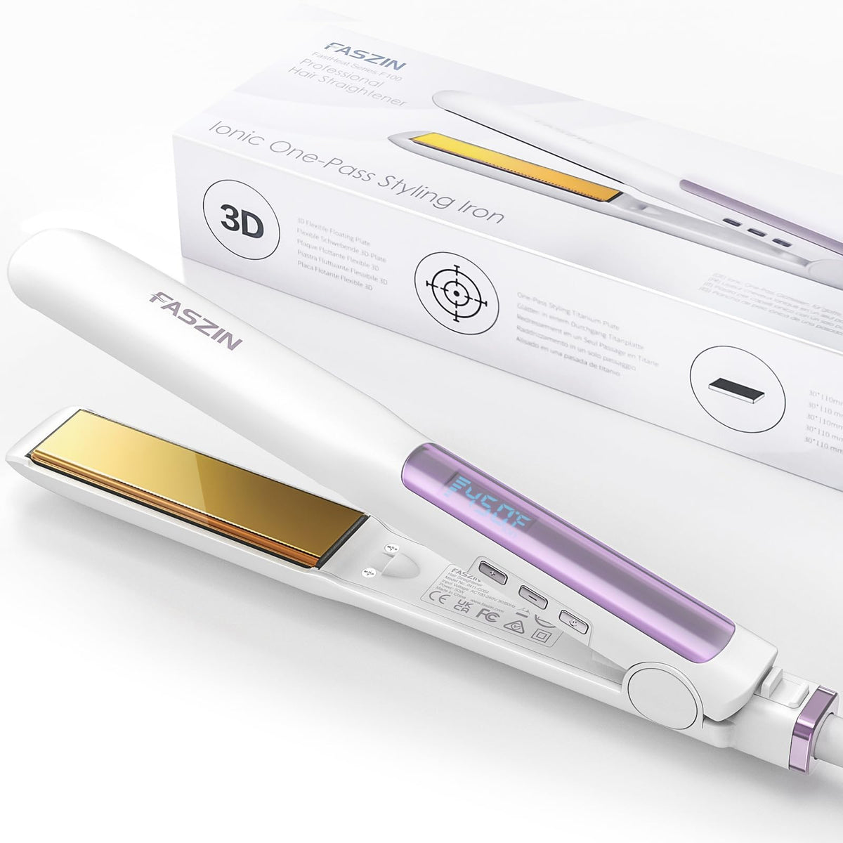 Faszin hair straightener with titanium plates for smoother, faster styling.
