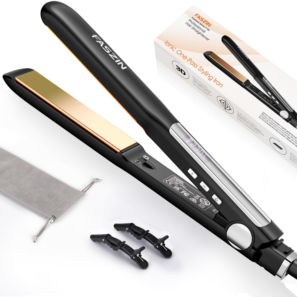 Faszin professional hair straightener plate closeup highlights a smooth titanium surface for easy glide