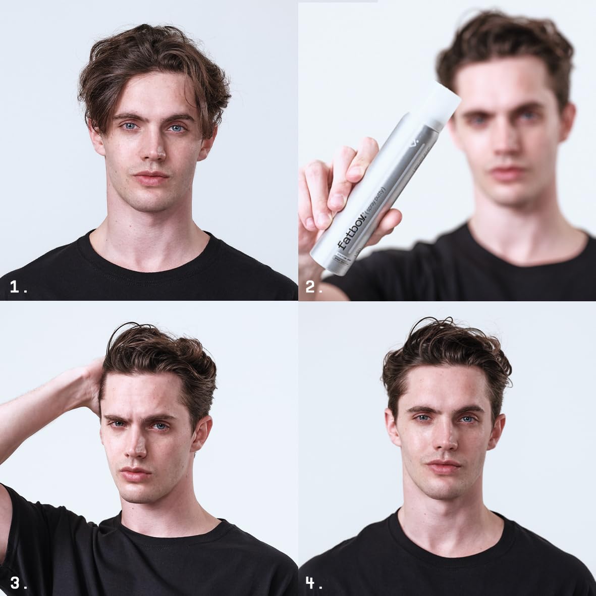 Fatboy Hair Spray Putty second-day gritty texture for a casual look.