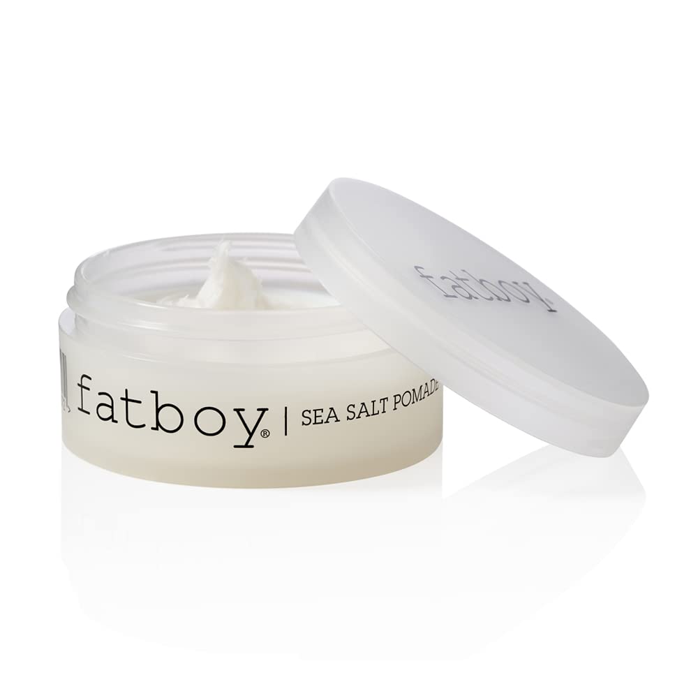 Fatboy Sea Salt Pomade tin close-up shows lightweight hold and beachy texture.