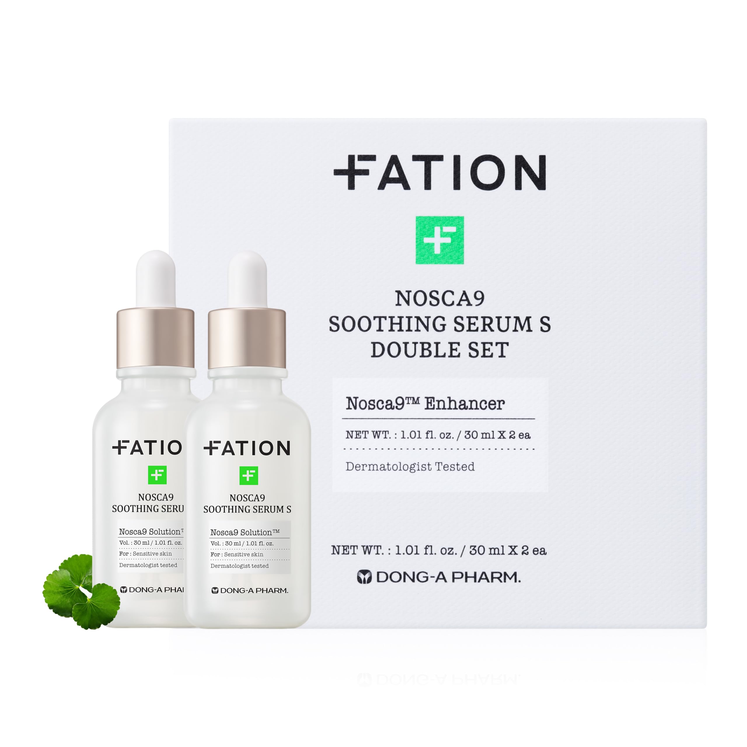 Fation NOSCA9 serum bottle close-up showing calming hydration benefits.