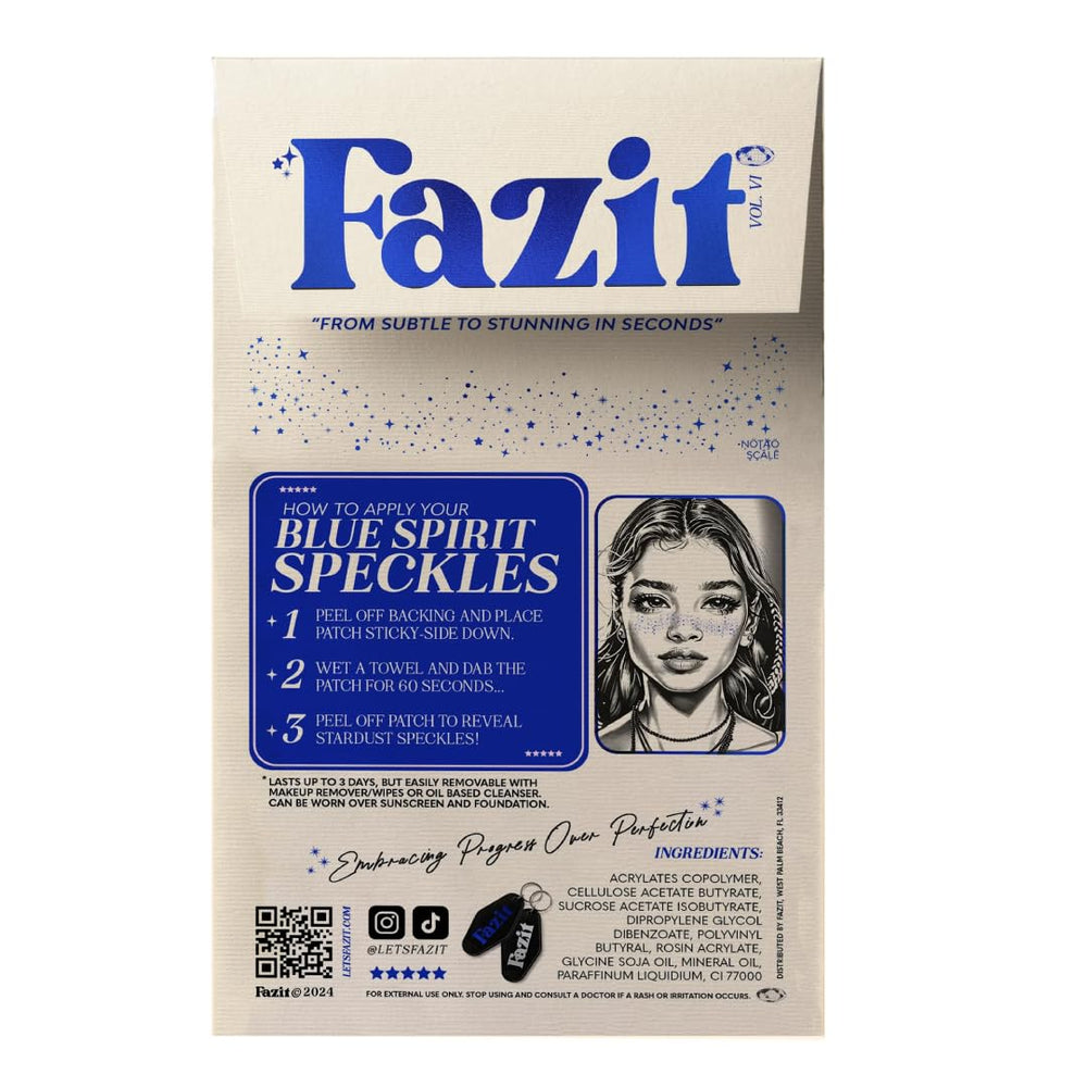 Fazit blue speckles patches closeup highlights skin-safe glitter for event-ready sparkle